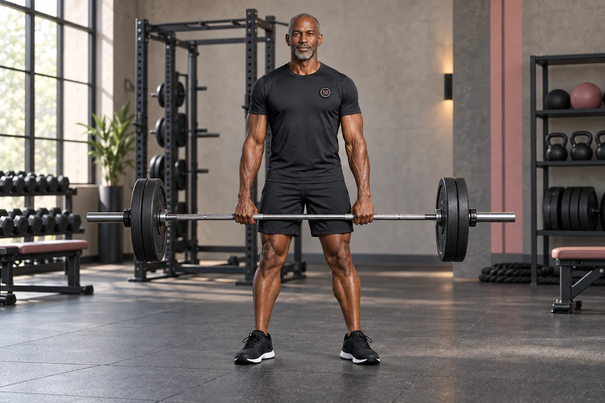 Man holding a loaded barbell at the upright finish of a deadlift