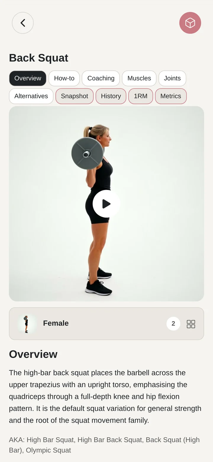 Goblet squat movement guidance and coaching tabs in Lifty Fifty
