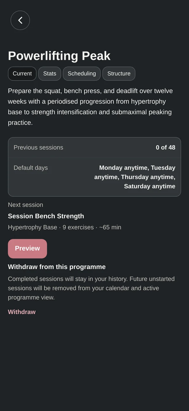 Lifty Fifty app programme screen showing the next scheduled strength session