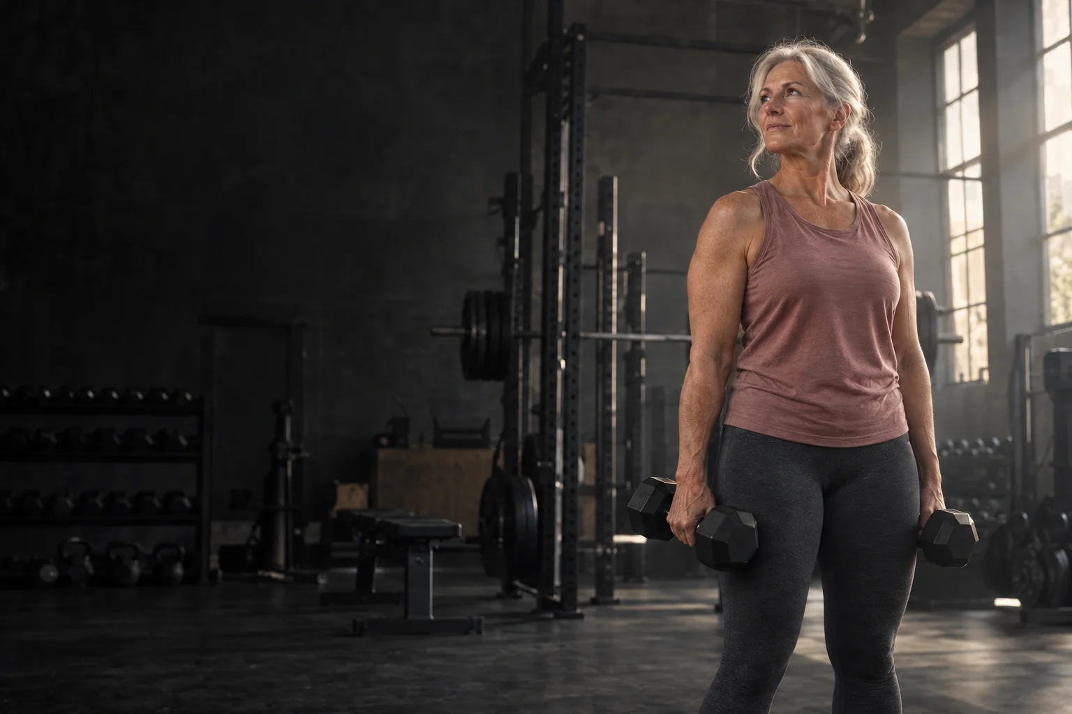 A silver-haired woman holding dumbbells in a sunlit strength gym